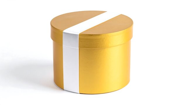 Golden Round Gift Box with White Ribbon Isolated on White Background.