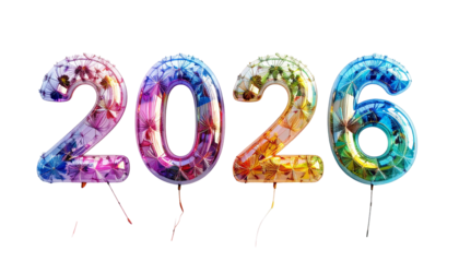 Balloons spelling "2026" with colorful crystalline textures, dark background