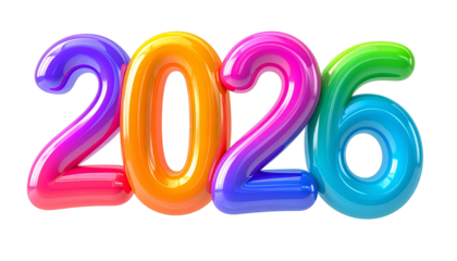Glossy, rainbow-colored numbers "2026" on a stark black background
