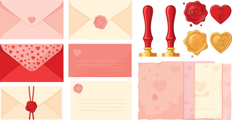 A collection of Vintage Love Letters Envelopes and Wax Seal Stationery Vector Set