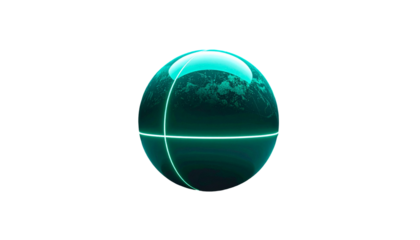 Turquoise orb with glowing lines, reflecting an alien, cloudy landscape