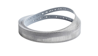 Curving, silver strip with perforations, draped over itself against black