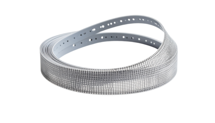 Curving, silver strip with perforations, draped over itself against black