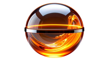 Transparent sphere containing vibrant orange energy swirls, metallic band