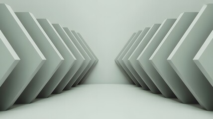 Clean minimalist architectural hallway with repetitive geometric gray shapes forming a modern abstract tunnel effect under soft diffused lighting creating a tranquil and