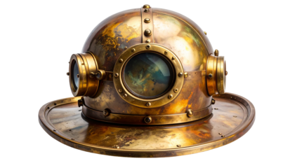 Antique brass diving helmet with large viewing port and side portholes