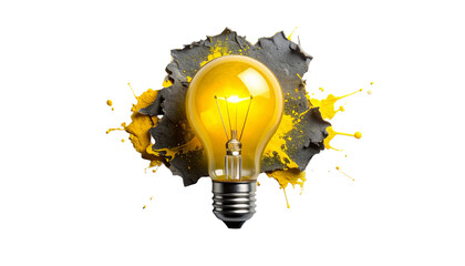 Bright glowing lightbulb, surrounded by grey and yellow paint on black