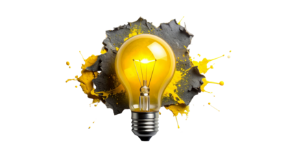 Bright glowing lightbulb, surrounded by grey and yellow paint on black