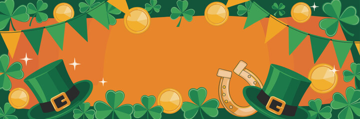 St. Patrick's Day festive background with shamrocks and leprechaun hats  