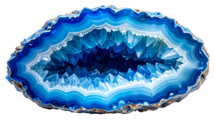 Sliced geode showing banded blue layers with crystalline interior