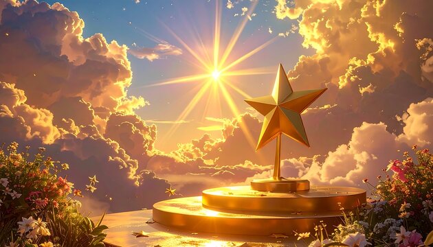 Golden Star Trophy on Pedestal Under a Radiant Sun with Dramatic Clouds.