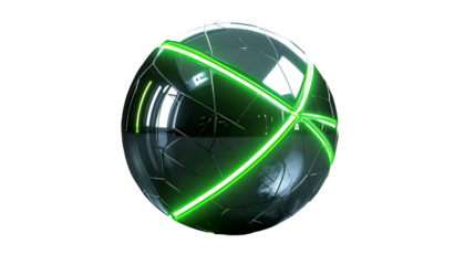 Gleaming, segmented sphere with neon green highlights on a black background
