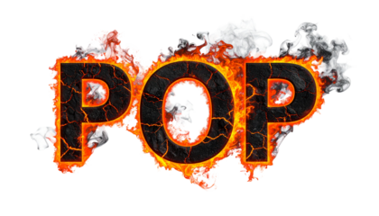 Burning "POP" text, surrounded by flames and smoke, on a black backdrop