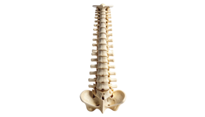 Detailed view of a human spine with pelvis, isolated on black background