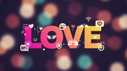 Vibrant colorful love text graphic with hearts and social media icons on blurred background