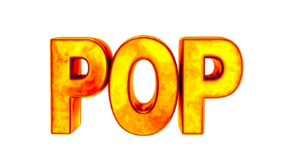 Fiery 3D word "POP" in a bright orange and red gradient on black