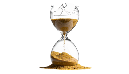 A shattered hourglass with sand flowing out, against a black background