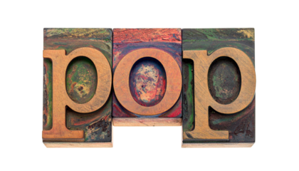 Wooden letterpress "pop" on colorful, abstract printed backgrounds