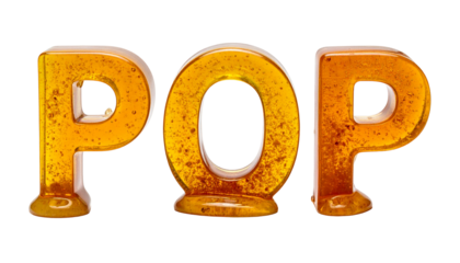 Gelatinous, amber "POP" letters against black. Transparent, flowing, and glossy