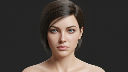 Fototapeta premium Realistic 3D Portrait of a Young Woman with Short Brown Hair Isolated on Black Background, Digital Human Avatar Concept