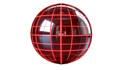 A red, grid-lined sphere, reflecting light against a black background