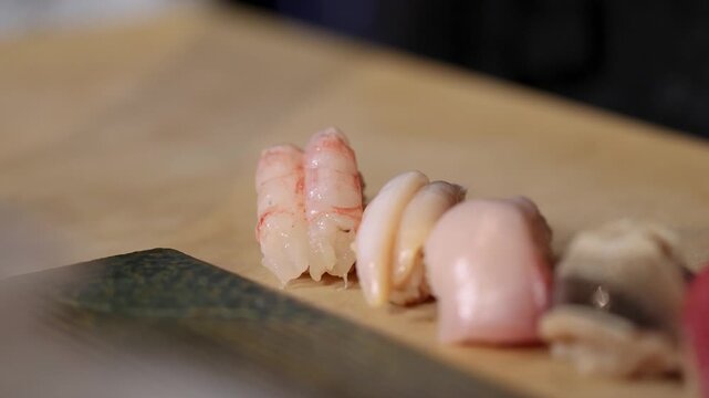 Fresh Assorted Nigiri Sushi Platter on Wooden Board in Bangkok