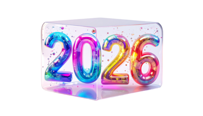 3D text "2026" inside clear cube with colorful bokeh