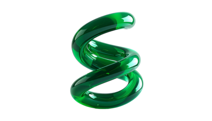 Emerald helix floating against stark black, rendered to gleam and glisten
