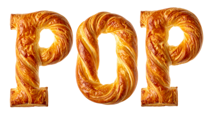 POP" spelled out with golden, flaky baked pastries, isolated on black