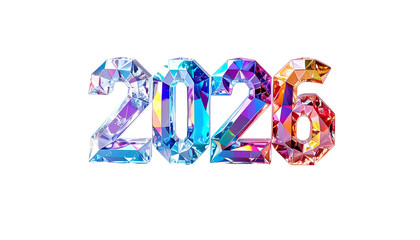 Sparkling "2026" text made of faceted, colorful gems against black