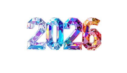 Sparkling "2026" text made of faceted, colorful gems against black