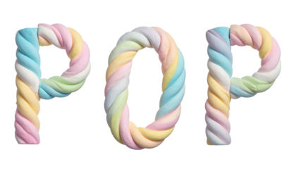 POP" letters crafted from colorful, twisted marshmallow rope on black