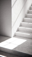 3D render of stair base with dramatic sunlight and shadows. Ideal for architectural visualization, interior design, and minimalist concept mockups with strong geometric contrast.