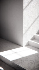 3D render of stair base with dramatic sunlight and shadows. Ideal for architectural visualization, interior design, and minimalist concept mockups with strong geometric contrast.