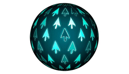 A teal sphere covered in glowing cursor icons on a black background