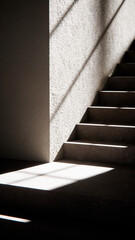 3D render of stair base with dramatic sunlight and shadows. Ideal for architectural visualization, interior design, and minimalist concept mockups with strong geometric contrast.