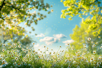 Dreamy Spring Landscape with Chamomile Field and Green Trees