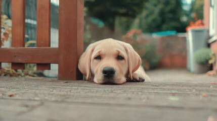 Relaxed dog laying on a wooden deck, enjoying the warm sunlight while watching the fence and surroundings outside