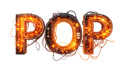 3D text "POP" rendered in metallic frames with illuminated circuits