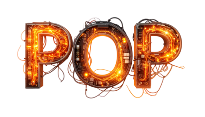 3D text "POP" rendered in metallic frames with illuminated circuits