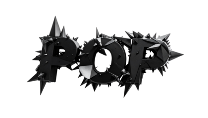 Metallic "POP" text with sharp spikes, a darkly textured design