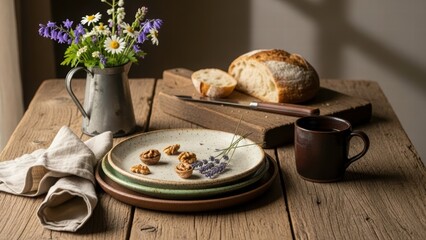 Rustic Tabletop Delight: A charming still life showcasing a fresh loaf of bread, delicate plates, and a touch of floral beauty, set on a weathered wooden table.
