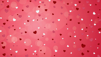 Soft bokeh on blurred strawberry pink background with heart confetti rained down.