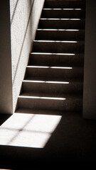 3D render of stair base with dramatic sunlight and shadows. Ideal for architectural visualization, interior design, and minimalist concept mockups with strong geometric contrast.