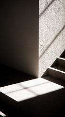 3D render of stair base with dramatic sunlight and shadows. Ideal for architectural visualization, interior design, and minimalist concept mockups with strong geometric contrast.