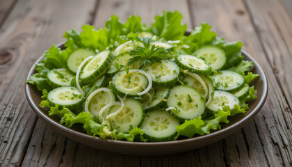 Obraz premium Fresh, vibrant bowl of green salad featuring sliced cucumbers and finely chopped onions, showcasing healthy and raw organic vegetable ingredients