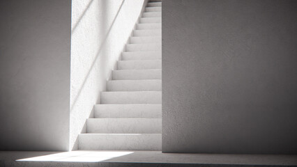 3D render of stair base with dramatic sunlight and shadows. Ideal for architectural visualization, interior design, and minimalist concept mockups with strong geometric contrast.