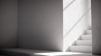 3D render of stair base with dramatic sunlight and shadows. Ideal for architectural visualization, interior design, and minimalist concept mockups with strong geometric contrast.
