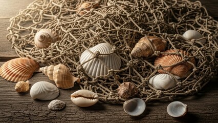 Coastal Treasures: A collection of various seashells, beautifully displayed, evoking the serenity of the sea and the allure of beachcombing.