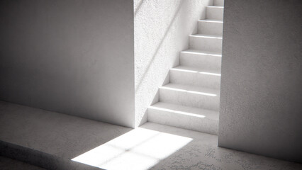 3D render of stair base with dramatic sunlight and shadows. Ideal for architectural visualization, interior design, and minimalist concept mockups with strong geometric contrast.
